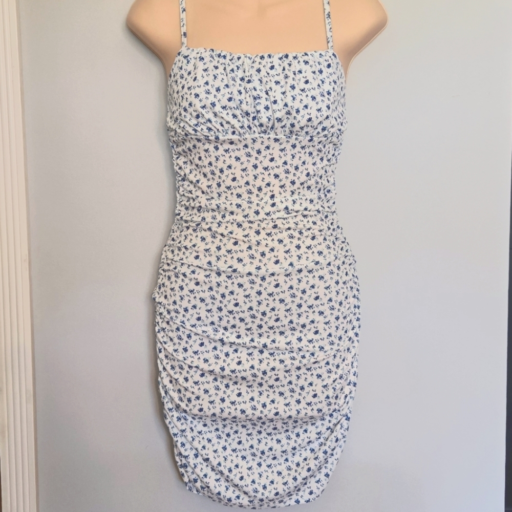 Sexy blue and white floral print tight bodycon dress knee length ruched XS 2 4